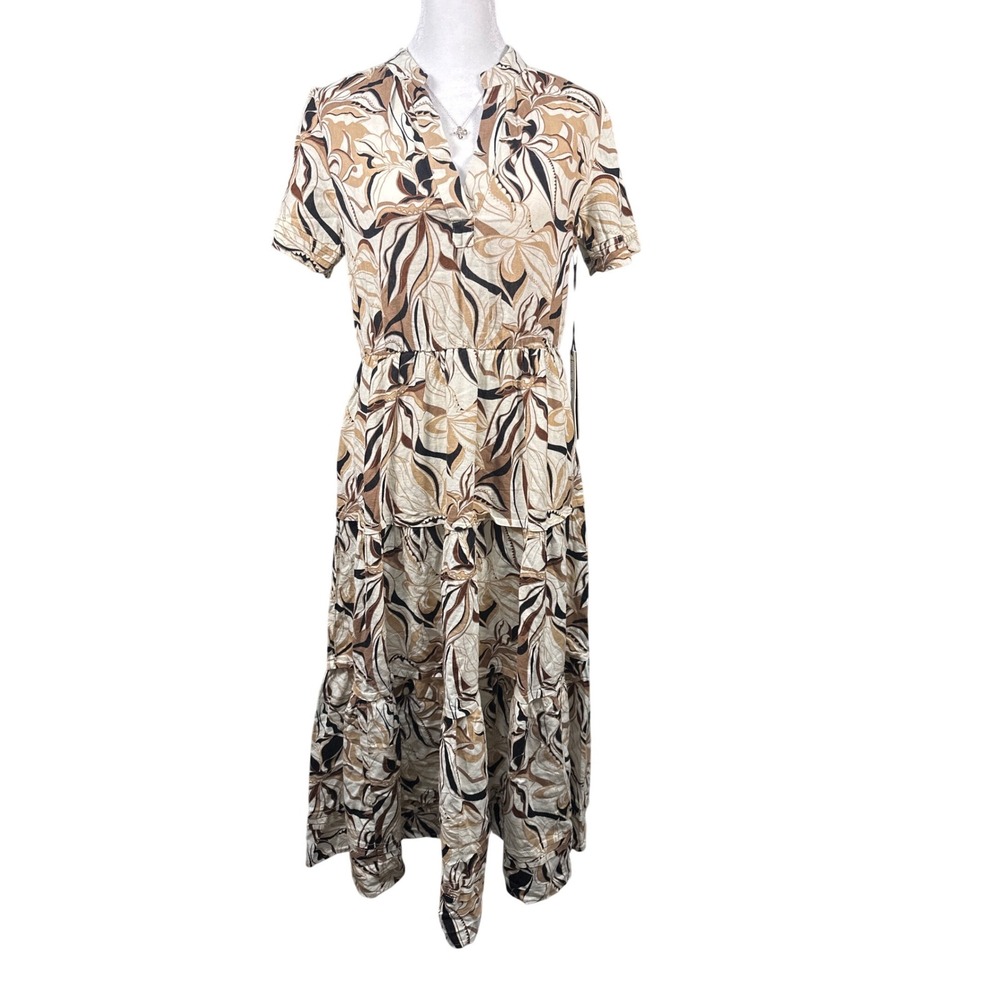 Nicole Miller New York Abstract Floral Tiered Midi Dress Tan Brown XS NWT